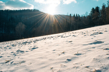 Sunrise on a snowy meadow in winter