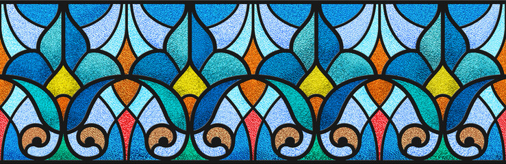 Sketch of a blue stained glass window. Abstract stained-glass background. Modern stained glass for design interior. Multicolor seamless pattern for design. Template for wrapping. Luxury ornament.
