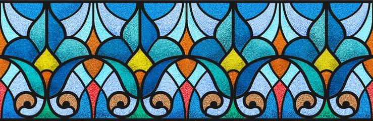 Papier Peint photo autocollant Coloré Sketch of a blue stained glass window. Abstract stained-glass background. Modern stained glass for design interior. Multicolor seamless pattern for design. Template for wrapping. Luxury ornament.