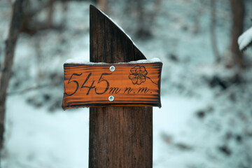 Wooden sign in snowy forest