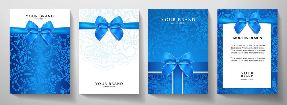 Holiday Cover, Frame Design Set. Luxury Floral Pattern (curve) Background With Blue Ribbon (bow). Elegant Vector Collection Template For Invitation (invite Vip Card), Greeting Or Gift Card, Award