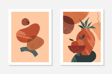 Set of modern abstract vector illustrations with vases,organic various shapes and textures.Boho watercolor wall art decor.Trendy artistic designs for banners;social media,covers,wallpaper.