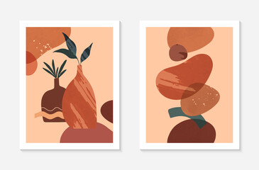 Set of modern abstract vector illustrations with vases,organic various shapes and textures.Boho watercolor wall art decor.Trendy artistic designs for banners;social media,covers,wallpaper.