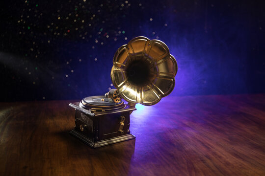 Old gramophone on a dark background. Music concept