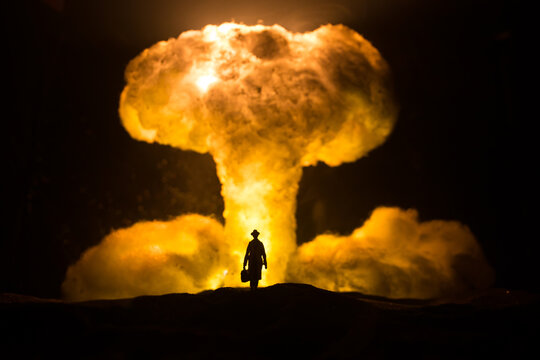 Nuclear war concept. Explosion of nuclear bomb. Creative artwork decoration in dark.