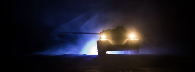 War Concept. Military silhouettes fighting scene on war fog sky background, World War Soldiers...