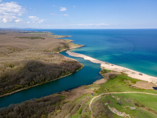 Aerial view of beach at the mouth of the Veleka River,  Bulgaria