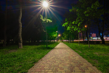 Obraz premium The tiled road in the night green park with lanterns in autumn. Benches in the park during the spring season at night. Illumination of a park road with lanterns at night. Park Kyoto