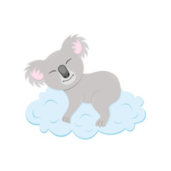 Cute koala sleeping on cloud. Australian bear character in childish style for greeting or invitation card, nursery or baby shower party design. Vector cartoon illustration.