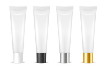 Vector 3d Realistic Plastic, Metal White Lip Balm, Lipstick, Cream Tube, Packing Set Isolated on White Background. Design Template of Toothpaste, Cosmetics, Cream, Tooth Paste for Mockup. Front View