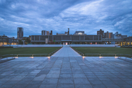 The Hiroshima Peace Memorial Museum in the evening with dramatic cloudscape, Hiroshima, Japan
