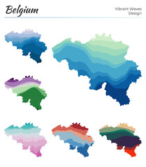 Set of vector maps of Belgium. Vibrant waves design. Bright map of the country in geometric smooth curves style. Multicolored Belgium map for your design. Stylish vector illustration.