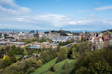 The north city landscape and Calton Hill view from the Edinburgh Castle hill, Scotland. 