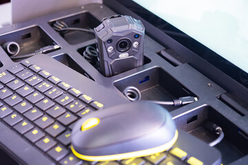 Obraz premium Computer mouse and keyboard next to DVR. Breast DVR within charging station. Concept - video recorder with internet control function. Keypad as a symbol for remote control of recorder.