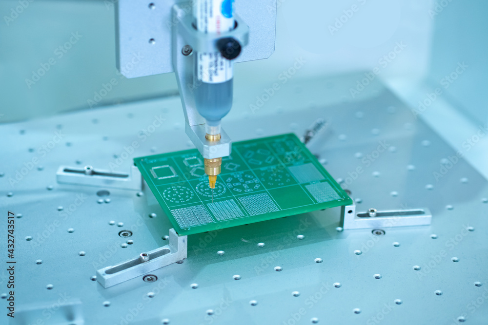 Poster Microchip PCB creation. Microprocessor manufacturing process. Process of drawing pattern onto printed circuit board. Applying printed pattern to PCB for mounting parts according to  scheme.