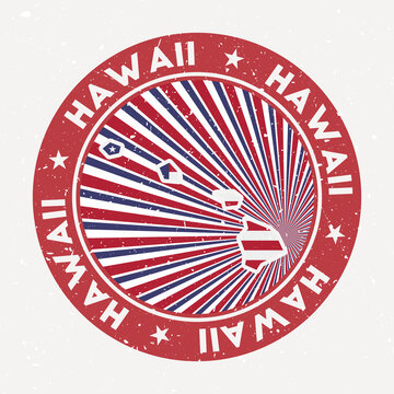Hawaii round stamp. Logo of us state with flag. Vintage badge with circular text and stars, vector illustration.