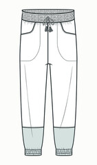 Sweatpants fashion flat sketches. Apparel template. JOGGING PANTS fashion flat sketch, apparel template. High-waisted pants with adjustable drawstring elastic waistband.