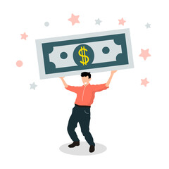 Human character carrying big dollar gift. Business man keeps money. Success financial rich concept. Business concept cartoon vector illustration. Flat style isolated on white background EPS