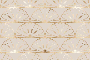 Mid century modern seamless pattern with gold rattan arch of flowers.