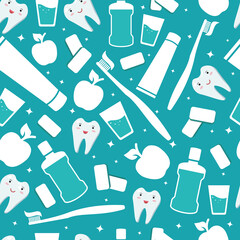 Dental and oral care background. Items for daily hygiene of the oral cavity. Mouthwash and toothbrush with paste, Apple, chewing gum, white healthy teeth. Vector isolated icons on a blue background