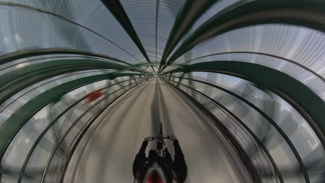 Walk on the modern covered pedestrian bridge over the river with 360 degree action cam,time lapse, hyperlapse