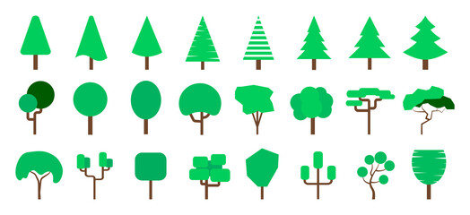 Set of trees. Diverse trees on a white background. Flat forest tree. Flat design. Vector illustration.
