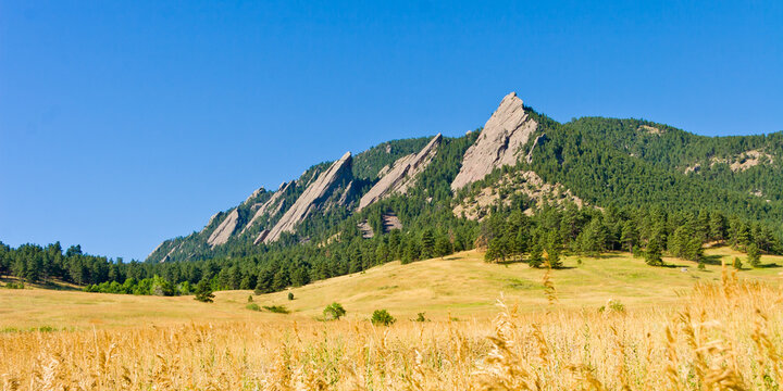 Flatirons and Chataqua Park meadow in Boulder, Colorado in the Summertime