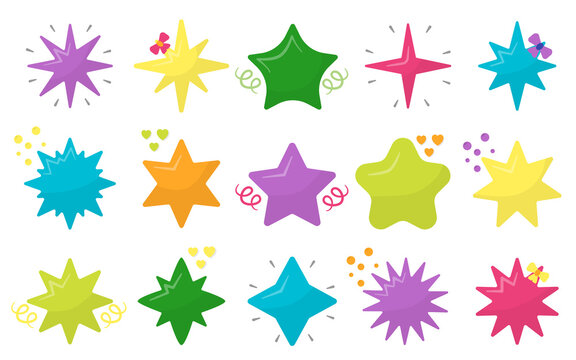Color vector flat cartoon style set of stars. Decorating a childrens room, dishes, bed linen. Bright star stickers. Bows, sequins and serpentine.For food packaging, coffee cups, gift paper