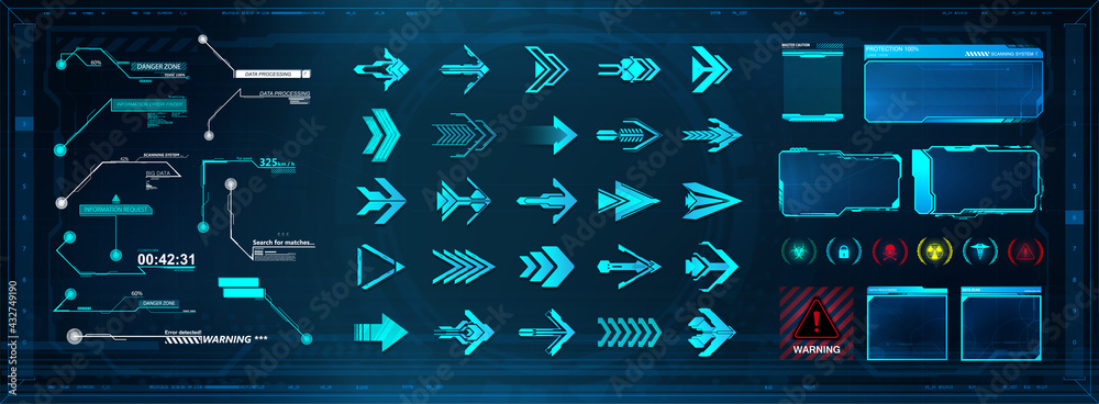 Poster Futuristic User Elements set. HUD callouts titles, Arrows and frame screens. Digital GUI, HUD and UI elements set. Callout bar labels, hi-tech boards and holograms. Digital info boxes template. Vector