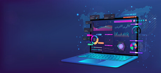 Perspective laptop position with business analysis app dashboard. Analysis of readings and data, online statistics, business forecast and progress tracking. Business dashboard on laptop. Vector