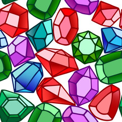 seamless pattern of gemstones: emeralds, sapphires, diamonds and rubies, glass crystals for bijou, vector illustration with contour lines isolated on a white background in doodle and hand drawn style