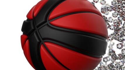 Black-Red Basketball with Diamond Particles under white lighting background. 3D illustration. 3D high quality rendering.