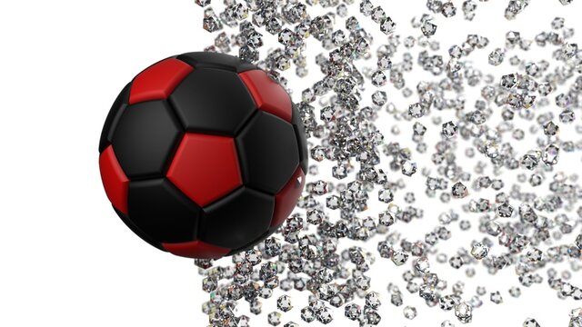 Black-Red Soccer Ball with diamond particles under white background. 3D illustration. 3D CG. 3D high quality rendering.