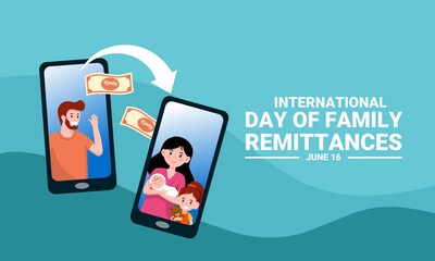 Vector illustration of a father transferring money using the m-banking application on a smartphone, as a banner or poster, The International Day of Family Remittances (IDFR)