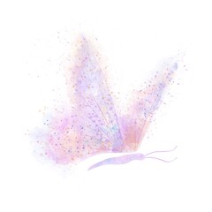 Abstract butterfly with bright pink, purple and yellow wings consisting of blotches and splashes on an isolated white background. Watercolor illustration.