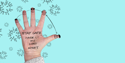 A hand with finger faces wearing face masks and keeping apart, mask up and keep apart text on hand, with copy space, photo and illustration 