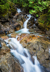 Fototapeta premium Deception Creek tumbles over rocks in the Mt Baker Snoqualmie National Forest in the Cascade Mountains of Washington State 