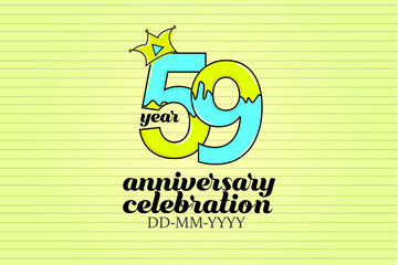 59 year anniversary blue and yellow color cartoon style, sweet style, candy look, with paper book style background - vector