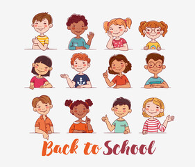 Funny kids. Vector cute boys and girls collection. Multi-ethnic group of happy children. Different cartoon faces icons
