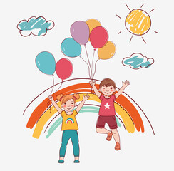 Happy kids jumping over white background. Happiness, childhood, and freedom concept 