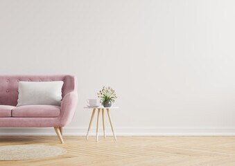 Modern minimalist interior with a sofa on empty white wall background.