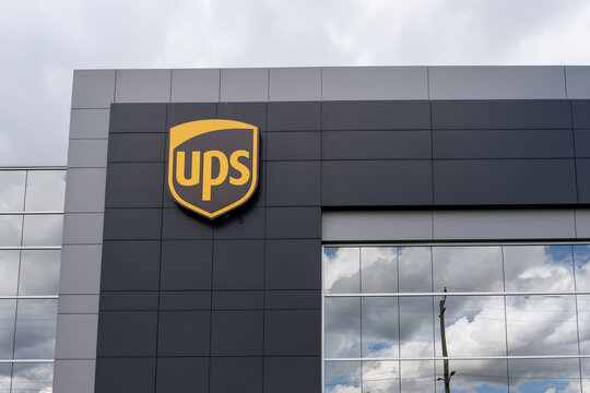 
Brantford, On, Canada - May 8, 2021: Close up of UPS sign on the building. UPS is an American multinational package delivery company.
