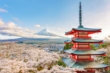 Chureito pagoda with Fuji Mountain Background in Spring  Sakura Festival, Japan 