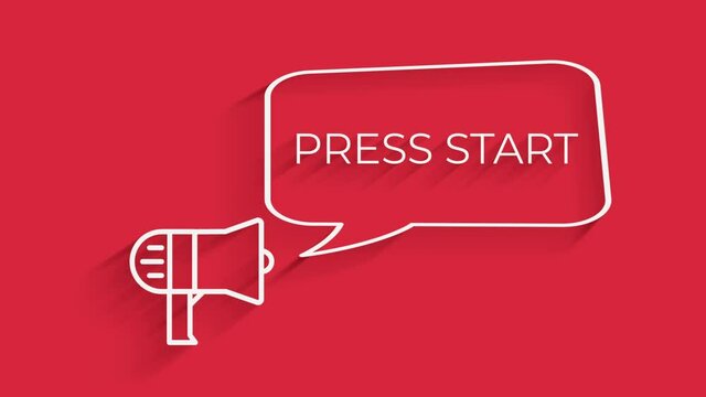 Animation of PRESS START title appearing on megaphone with speech bubble style graphics background