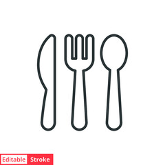 Cutlery line icon. Simple outline style. Flatware, spoon, fork, steak knife, plate, restaurant concept. Vector illustration isolated on white background. Editable stroke EPS 10