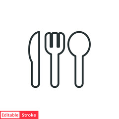 Cutlery line icon. Simple outline style. Flatware, spoon, fork, steak knife, plate, restaurant concept. Vector illustration isolated on white background. Editable stroke EPS 10