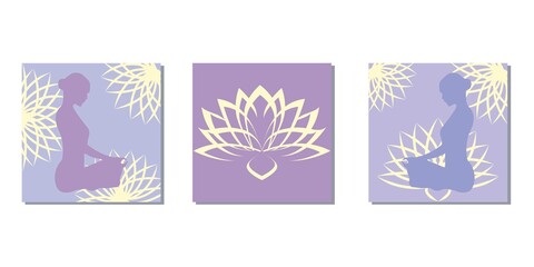 Fototapeta na wymiar Healing and relaxation concept lotus flower decoration illustration template. Set of floral square vector template. card, greeting, invitation and web design.