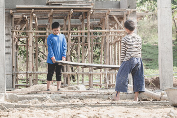 Child labor, children are forced to work construction, Violence children and trafficking concept, Anti-child labor, Rights Day on December 10