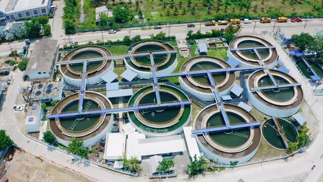 4K Aerial drone top down view clarifier sedimentation tank. Aerial view Water treatment plant. Top view of recirculation solid contact clarifier sedimentation tank