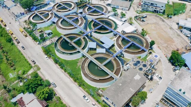 4K Aerial drone top down view clarifier sedimentation tank. Aerial view Water treatment plant. Top view of recirculation solid contact clarifier sedimentation tank